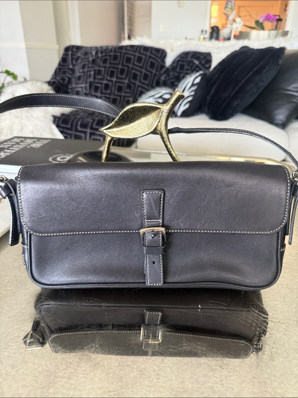 Coach Black Leather Messenger Bag with Contrast Stitching